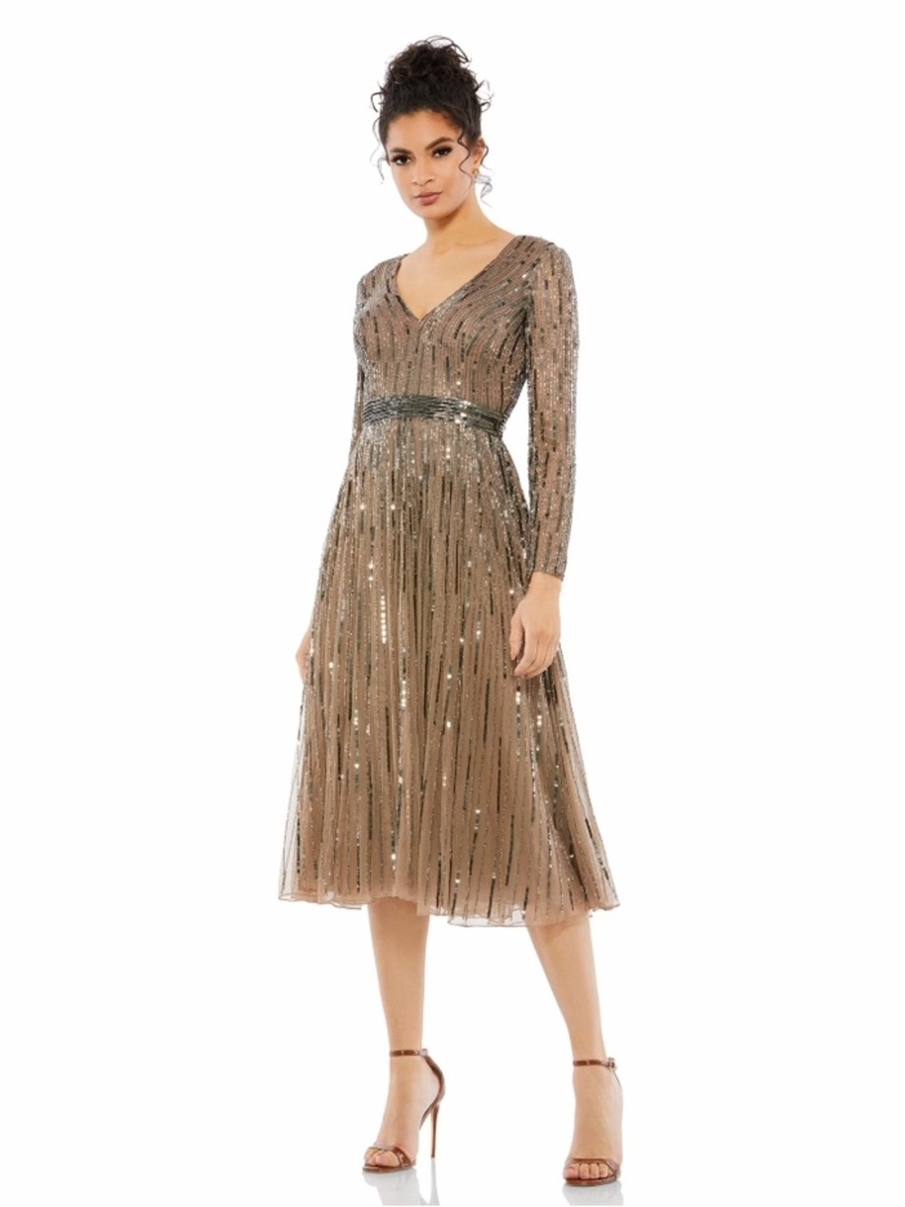 Mac Duggal 5528 Dark Taupe Long Sleeve Beaded Tea Length Gown sz 4